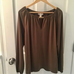 Michael Kors Long Sleeve Olive Blouse Gold Chain Stretchy Top L